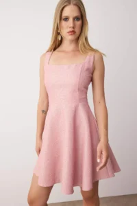 TRENDYOLMİLLA Pink A Cut jacquard Mini Chic Gece Graduation Dress - Image 2