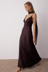 TRENDYOLMİLLA Brown Shawl Detailed Satin Weaving Maxi Evening Gown Gece Graduation Dress