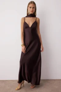 TRENDYOLMİLLA Brown Shawl Detailed Satin Weaving Maxi Evening Gown Gece Graduation Dress - Image 2