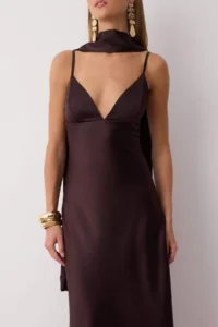 TRENDYOLMİLLA Brown Shawl Detailed Satin Weaving Maxi Evening Gown Gece Graduation Dress - Image 3