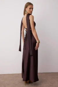 TRENDYOLMİLLA Brown Shawl Detailed Satin Weaving Maxi Evening Gown Gece Graduation Dress - Image 4