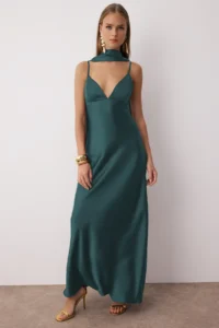 TRENDYOLMİLLA Petrol Blue Blue Blue Shawl Detailed Satin Weaving Maxi Evening Gown Gece Graduation Dress - Image 7
