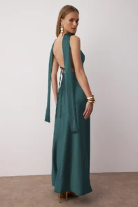 TRENDYOLMİLLA Petrol Blue Blue Blue Shawl Detailed Satin Weaving Maxi Evening Gown Gece Graduation Dress - Image 9