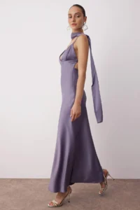 TRENDYOLMİLLA Lilac Shawl Detailed Satin Weaving Maxi Evening Gown Gece Graduation Dress - Image 2