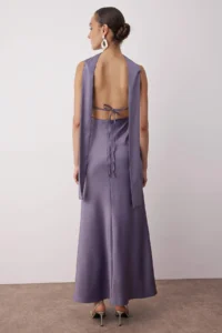 TRENDYOLMİLLA Lilac Shawl Detailed Satin Weaving Maxi Evening Gown Gece Graduation Dress - Image 4
