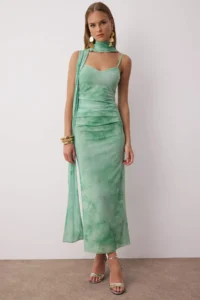 TRENDYOLMİLLA Green Scarf Detailed Tulle Maxi Knitting Dress