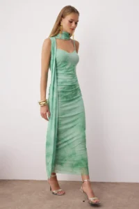 TRENDYOLMİLLA Green Scarf Detailed Tulle Maxi Knitting Dress - Image 2