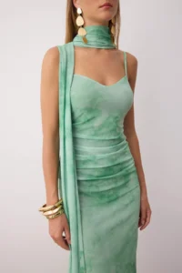 TRENDYOLMİLLA Green Scarf Detailed Tulle Maxi Knitting Dress - Image 3