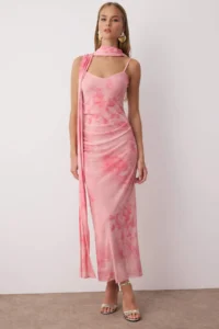 TRENDYOLMİLLA Fuchsia Scarf Detailed Tulle Maxi Knitting Dress