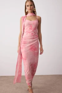 TRENDYOLMİLLA Fuchsia Scarf Detailed Tulle Maxi Knitting Dress - Image 2