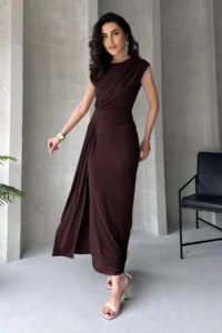 TRENDYOLMİLLA Brown Fitted Maxi Chic Night Evening Gown Graduation Dress