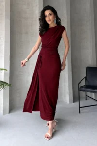 TRENDYOLMİLLA Burgundy Fitted Maxi Chic Night Evening Gown Graduation Dress