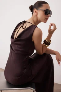 TRENDYOLMİLLA Brown A-Kesim Off-Shoulder Neck Satin Maxi Chic Dress - Image 2