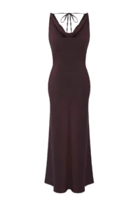 TRENDYOLMİLLA Brown A-Kesim Off-Shoulder Neck Satin Maxi Chic Dress - Image 5