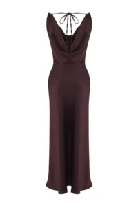 TRENDYOLMİLLA Brown A-Kesim Off-Shoulder Neck Satin Maxi Chic Dress - Image 6