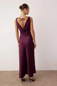 TRENDYOLMİLLA Purple A-Kesim Off-Shoulder Neck Satin Maxi Chic her dress - Image 4