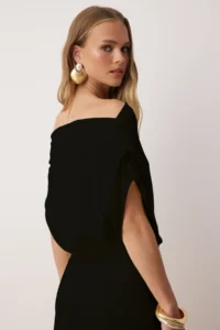 TRENDYOLMİLLA Black A Cut Boat Neck Weaving Midi Chic Dress - Image 2