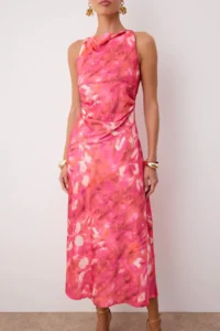 TRENDYOLMİLLA Pink-Multicolored Abstract Satin Midi Unlined Dress - Image 3