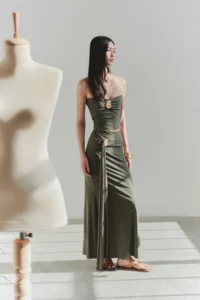 TRENDYOLMiLLA Khaki Body-Fitting Accessory Detailed Knitting LONG Skirt - Image 3