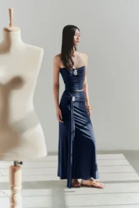 TRENDYOLMiLLA Navy Blue Fitting Accessory Detailed Knitting LONG Skirt - Image 2