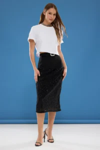 TRENDYOLMiLLA Black Sequin Detailed Midi Weaving Chic Skirt - Image 2