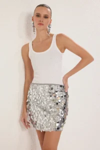 TRENDYOLMiLLA Silver Pullu shiny Sequin Knitting Mini Chic Skirt - Image 4