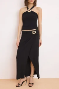 TRENDYOLMİLLA Black Accessory Detailed Blouse Skirt Top and Bottom Set - Image 3