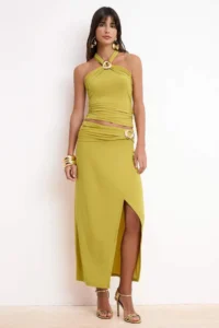 TRENDYOLMİLLA Oil Green Knitting Accessory Detailed Party Blouse Skirt Top and Bottom Set