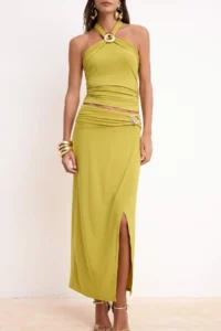 TRENDYOLMİLLA Oil Green Knitting Accessory Detailed Party Blouse Skirt Top and Bottom Set - Image 3