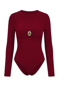 TRENDYOLMİLLA Burgundy Accessory Detailed Shirred Bottom snaps Party Bodysuit .D.00006 - Image 5
