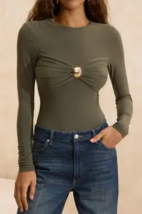 TRENDYOLMİLLA Khaki Accessory Detailed Shirred Bottom snaps Party Bodysuit .D.00006 - Image 3