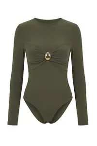 TRENDYOLMİLLA Khaki Accessory Detailed Shirred Bottom snaps Party Bodysuit .D.00006 - Image 5