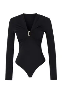 TRENDYOLMİLLA Black Accessory and Drape Detailed Deep V-neck Knitting Bodysuit .D.00009 - Image 5