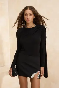 TRENDYOLMİLLA Black Cape Detailed Shirred Knitting Party Bodysuit .D.00012