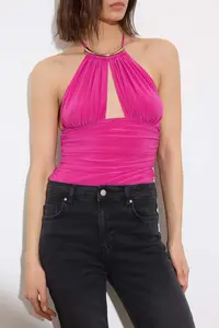 TRENDYOLMİLLA Limited Edition Fuchsia Accessory Detailed Shirred Party Bodysuit .D.00016 - Image 3