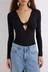 TRENDYOLMİLLA Black Deep V-neck Lace Garnili Knitting Party Bodysuit .D.00017 - Image 3