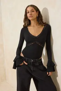 TRENDYOLMİLLA Black Lace Garnili V-neck Party Flexible Knitting snaps Bodysuit .D.00018 - Image 2