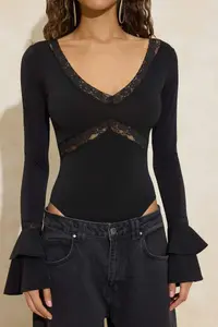 TRENDYOLMİLLA Black Lace Garnili V-neck Party Flexible Knitting snaps Bodysuit .D.00018 - Image 3