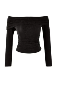 TRENDYOLMİLLA Gold Carmen Collar Simli Knitting Party Blouse - Image 6