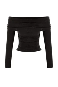 TRENDYOLMİLLA Gold Carmen Collar Simli Knitting Party Blouse - Image 7