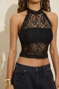 TRENDYOLMİLLA Black Lace Half Lined Barbell Collar Party Blouse - Image 3