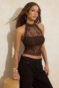 TRENDYOLMİLLA Dark Brown Lace Half Lined Barbell Collar Party Blouse