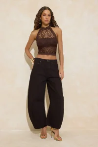TRENDYOLMİLLA Dark Brown Lace Half Lined Barbell Collar Party Blouse - Image 2