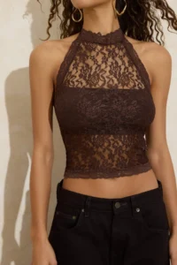 TRENDYOLMİLLA Dark Brown Lace Half Lined Barbell Collar Party Blouse - Image 3