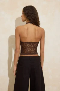 TRENDYOLMİLLA Dark Brown Lace Half Lined Barbell Collar Party Blouse - Image 4