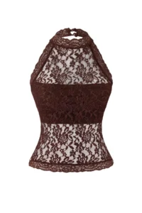 TRENDYOLMİLLA Dark Brown Lace Half Lined Barbell Collar Party Blouse - Image 5