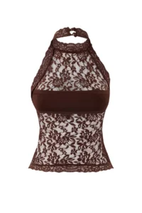 TRENDYOLMİLLA Dark Brown Lace Half Lined Barbell Collar Party Blouse - Image 6