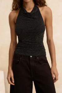 TRENDYOLMİLLA Gold High Off-Shoulder Neck Glittery Knitting Party Blouse - Image 3