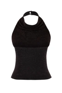 TRENDYOLMİLLA Gold High Off-Shoulder Neck Glittery Knitting Party Blouse - Image 6