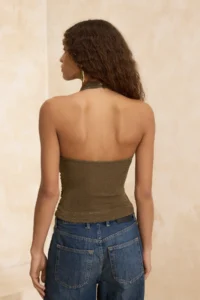 TRENDYOLMİLLA Khaki High Off-Shoulder Neck Glittery Knitting Party Blouse - Image 4